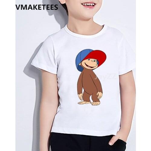 Kids Curious George Cartoon Print T-shirt Children Monkey Funny Animal Clothes Girls & Boys Summer White Baby T shirt,HKP5266