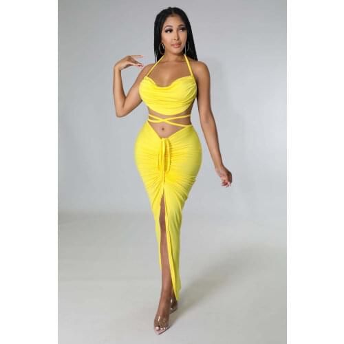 2021 Best Quality Famous Brand 2 pcs Women Set Solid Hollow Out Slash Neck Short Tops Mini Dress Summer Sexy Club Outfits