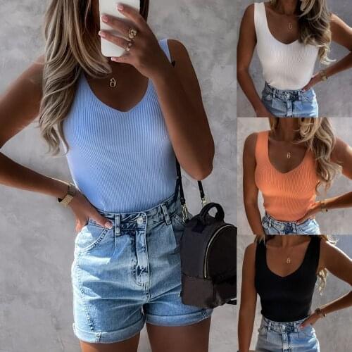 Fashion Womens Casual Solid V-neck T-shirts Sexy Vest Knitted Tops Streetwear Oversized Loose Top Clothing Women T-shirt