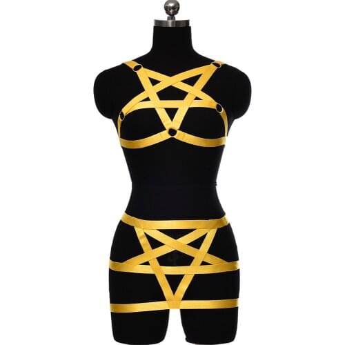 Fashion Yellow Goth Sexy Harness Skirt Women Punk Body Cage Fetish Pentagram Body Harness Bra Elastic High Waist Suspender
