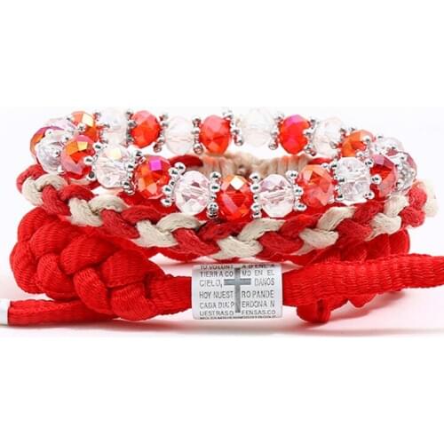 Fashion Women Crystal Cross Bracelet Set Rhinestone Beads Charm Braided Rope Bangle Multi-layer Wristbands Bohemian Jewelry Gift