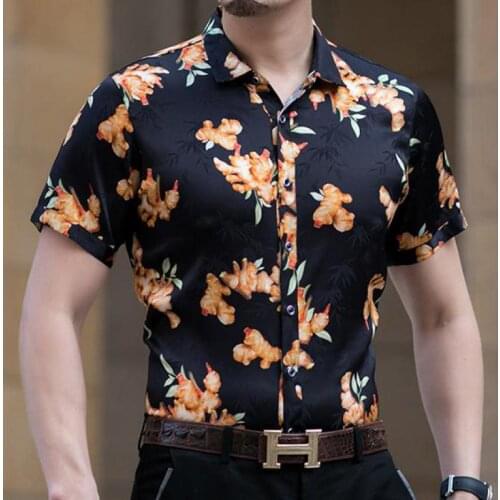 2021 Summer Strench Ice Silk Mens Shirts Yellow Flowers Fashion Man Clothes Big Size Soft Smooth Hawaiian Dress Father Husband