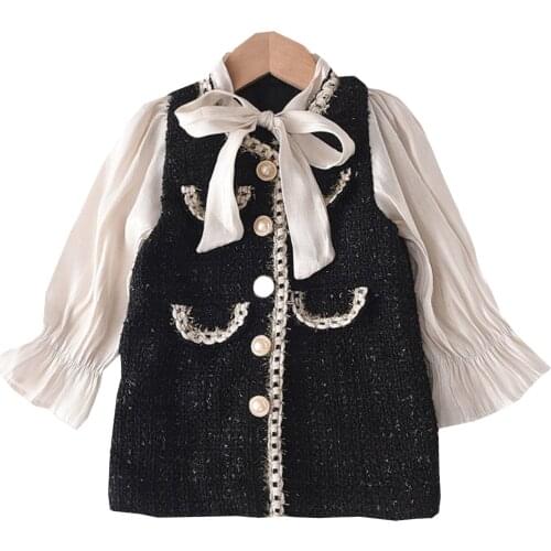 Autumn lovely Kids Princess Dress Button Long Sleeve Single-Breasted Dresses Stitching One-Piece Costume for Baby Girls Black