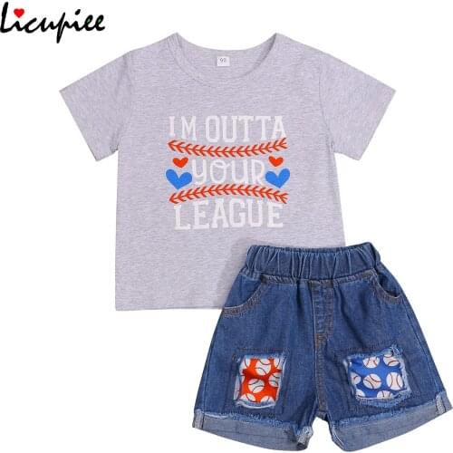 1-6 Years 2pcs Little Girls Outfit Toddlers O-neck Short Sleeve Letter Heart Top + Baseball Printing Splicing Ripped Denim Short