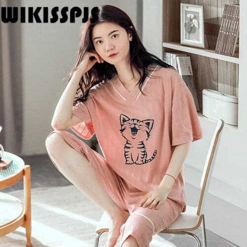 Pajamas Womens Summer Short Sleeve Capris Cotton Plus Size Two Piece Set Summer Sleepwear Lounge Wear Sleepwear Women Cotton