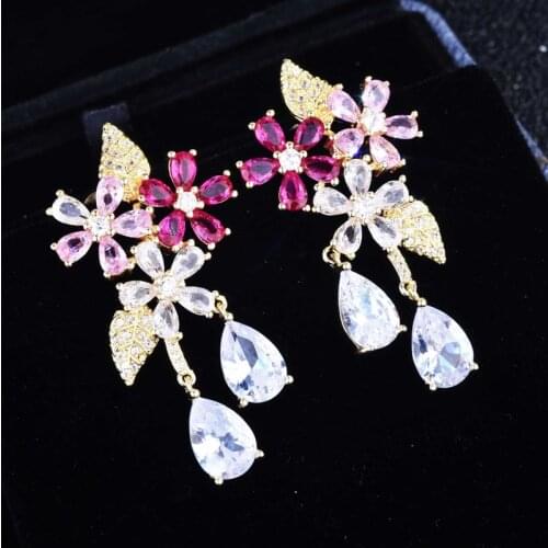 Luxury Charm Flower Drop Earrings With Rainbow Cubic Zirconia Fashion Gold Jewelry For Women Wedding Party Christmas Gifts