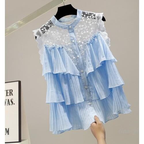 Sexy Hollow Lace Stitching Pleated Chiffon Blouse Women Sleeveless Shirt Summer New Slim Blusas Lady Chic Top