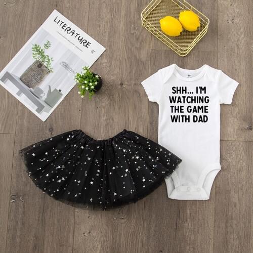 Shh I'm Watching The Game with Dad Infant Baby Girls Long Sleeve Romper Tutu Skirt 2pcs Sets Newborn GirlOutfit Suits