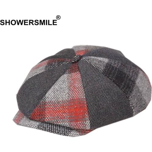 SHOWERSMILE Red Plaid Patchwork Newsboy Cap Wool Winter Hats for Women Men Octagonal Cap Tweed British Style Flat Cap Beret