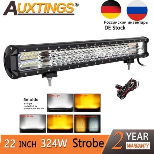 Auxtings 22inch 324w 22'' Tri rows Strobe Flash LED light bar 7D 5 models Dual Color White Yellow offroad 4x4 car light 12V 24V