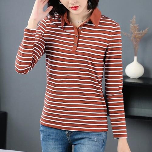 Shintimes Poleras Mujer Turn-Down Collar Woman Tshirts 2020 New Striped Button Long Sleeve T Shirt Women Clothing Femme T-Shirts