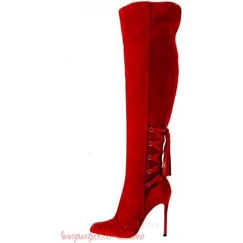 Red suede leather women lace up cross tied tassel thin high heel shoes boots women concise runway show over the knee boots