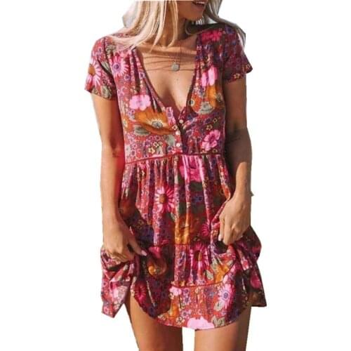 Womens Half Sleeve Mini Dress Deep V-Neck Floral Print Dress Summer Beach Bohemian Party Elegant Button Sexy Sundress Fashion