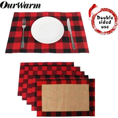 OurWarm 2pcs Christmas Placemat Buffalo Check Placemats Double-sided Waterproof New Year Table Decoration Burlap Table Placemats