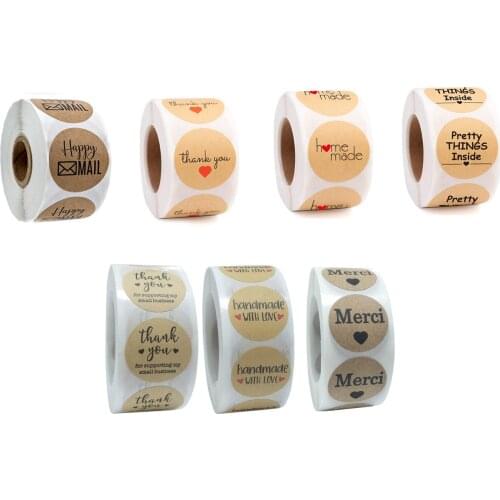 500pcs/1Roll Kraft Paper Round Sticker Goods Package Seal Label 'Happy Mail' 'Pretty Thing' 'Thank You' 'Handmade' 'Merci' 2.5cm