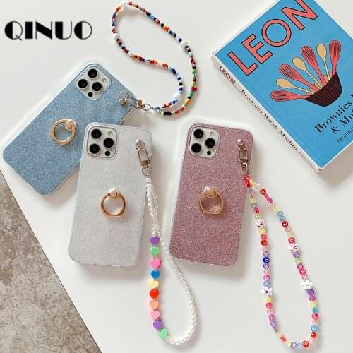 Colorful Beads Chain Lanyard Strap Cord Glitter Phone Case For iPhone 11 12 Pro XS Max XR 7 8 Plus Cover with Finger Ring Stand