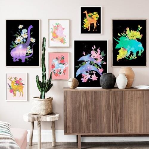 Flower Deer Dolphin Giraffe Dinosaur Cartoon Nordic Posters And Prints Wall Art Canvas Painting Wall Pictures Kids Room Decor