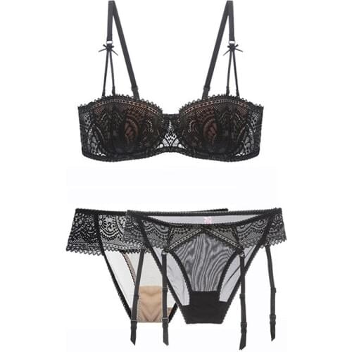 EFIOLY New Fashion Lace Bra + Underwear + Garter Sexy Underwear Setunderwear Set Plus Cup Ultra-thin Wireless Sexy Bow Bra Set