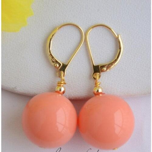 16MM ROUND PINK CORAL SOUTH SEA SHELL PEARL DANGLE EARRING