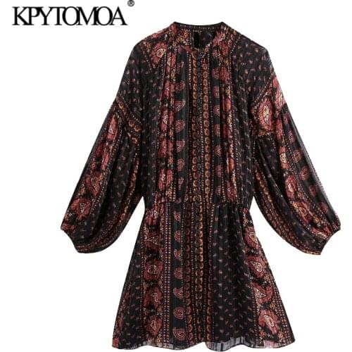 KPYTOMOA Women 2020 Fashion With Buttons Paisley Print Mini Dress Vintage Puff Sleeve Elastic Waist Female Dresses Vestidos