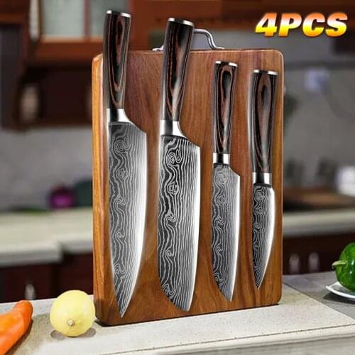 Professional 4pcs Stainless Steel Kitchen Knife Set Chef Slicing Bread Santoku Utility Paring Knife Set Comfortable Handle