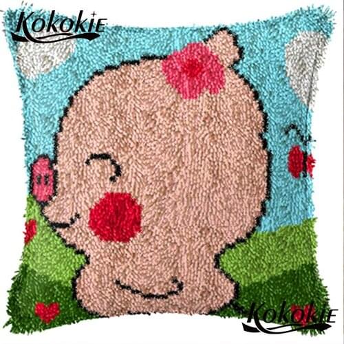 Threads embroidery latch hook rug pillow kits cross stitch cartoon pig printed cushion mat Crocheting Rug Yarn Needlework set
