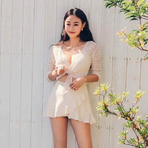 2021 New Swimsuit Girl Student Sling Deep V Small Chest Gathered Blouse Sunscreen Was Thin Ruffled Hem One-Piece Skirt Korea