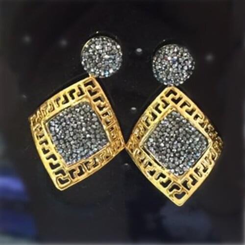 New design hollow pure gold color geometric pattern pendants charms pave black rhinestone dangle earring for women jewelry