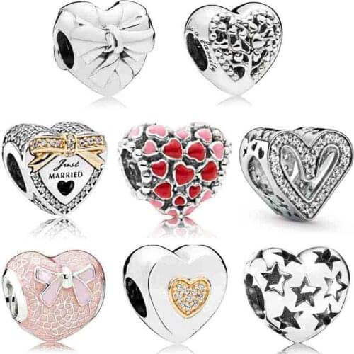 Original Brilliant Love Heart Bow Love Heart Of Stars With Gold Bow Bead Charms Fit Pandora Bracelet 925 Sterling Silver Bead