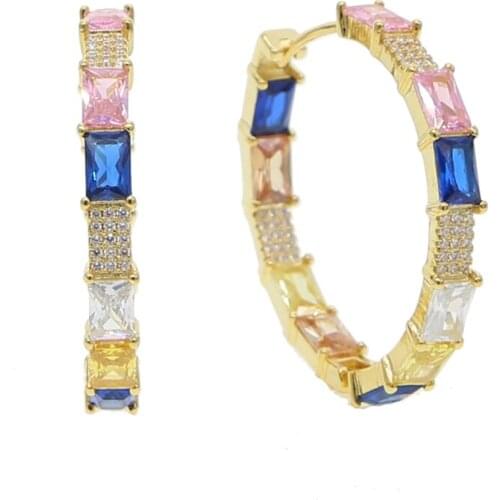 Gold filled rainbow cz hoop earring colorful white 2 color cubic zirconia huggie hoops classic women jewelry