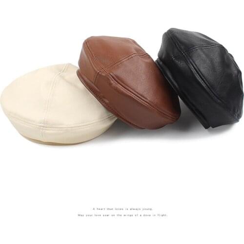 PU hat female autumn and winter wild new pure color casual painter hat Women Korean fashion youth retro art beret Caps