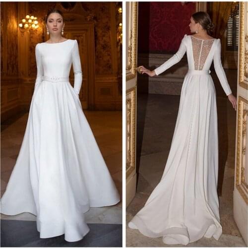 Modest Scoop Neck Long Sleeves Wedding Dresses A-Line Bling Bline Beaded Back Custom Bridal Gowns Spring Vestidos De Mariee