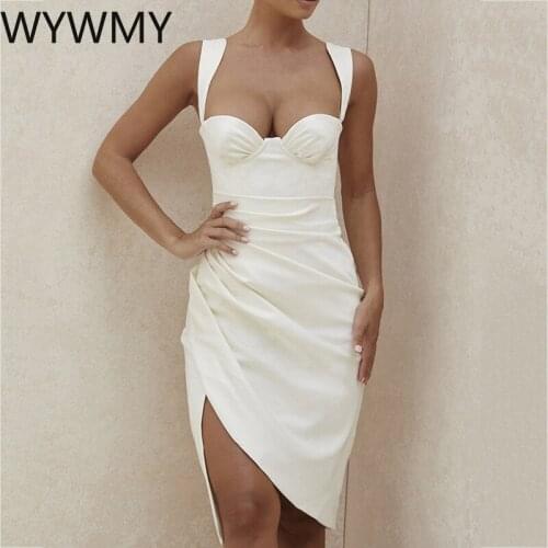 WYWMY White Sleeveless Party Mini Dress Women Summer Underwire Neckline Sexy Night Club Dresses Side Split Ruched Midi Vestidos