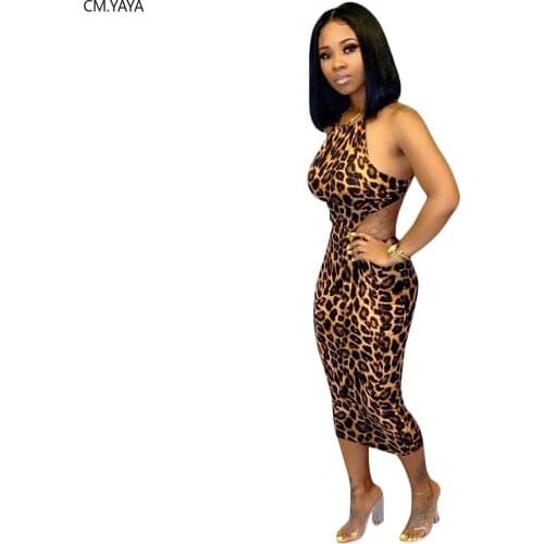 Women elegant leopard print cutout waist open back halter neck bodycon knee length midi dress sexy party dresses vestidos GL3668