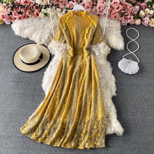 Maxi Dresses for Women Vestido De Mujer Summer Retro Lace Hollow Elegant High Waist Y2k Clothing Women Vintage Dress Luxury