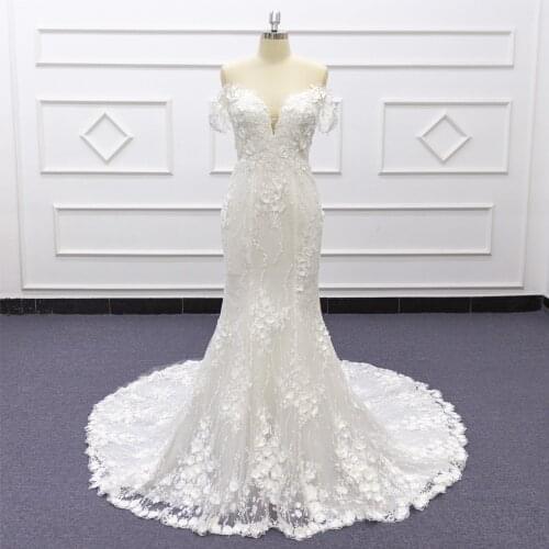 2021 New Arrival Illusion Off Shoulder 3D Flower Mermaid Wedding Dresses Appliqued Lace Bridal Gowns SJ528