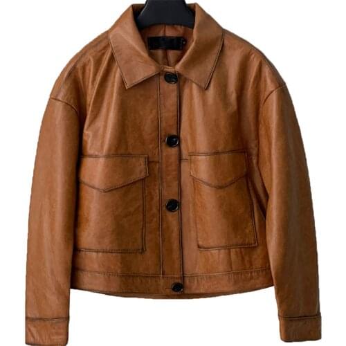2021 Autumn New Leather Clothes Womens Short Pocket Leather Jacket Sheep Skin Locomotive Oil Wax Leather Outer Cover