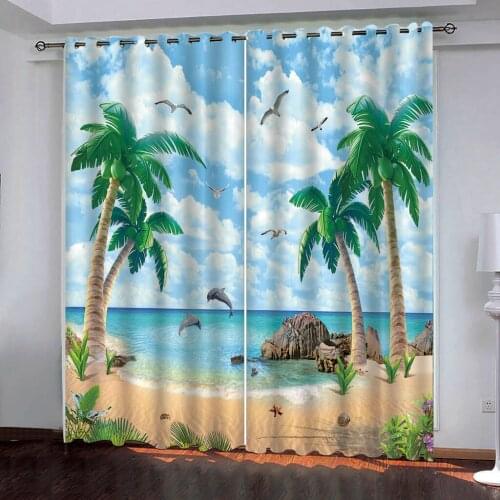 3D Beautiful beach with coconut trees Windows Curtains for Living Room Bedroom Decorative Kitchen Curtain Custom