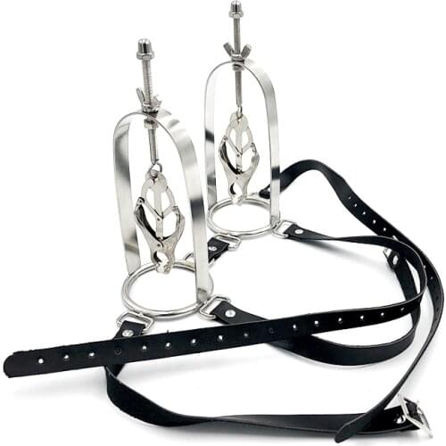 Leather BDSM Bondage Female Stainless Steel Adjustable Torture Play Clamps Metal Nipple Clips Breast Restraint Fetish Sex Toy