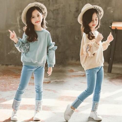 Children Clothing Sets For Girls Ruffles Long Sleeve Sweater & Jeans 2 Pcs Kids Sports Suits School Girl Clothes