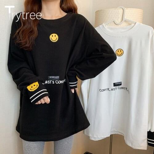 Trytree Spring Autumn Women T-shirt Casual Cotton O-Neck Printing Smile Elastic Cuffs Loose Long Tops For Women Dropshipping