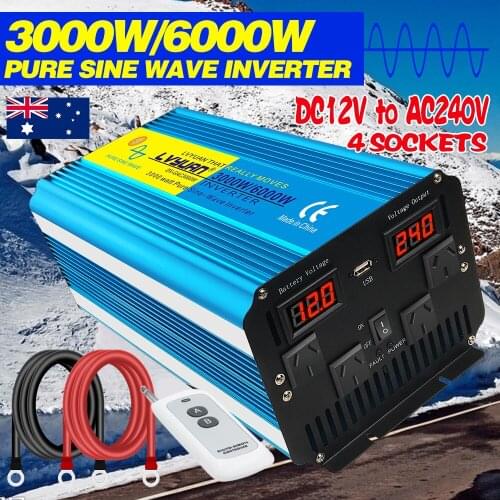 Remote Control Pure Sine Wave Inverter 3000W/6000W DC 12V TO AC 220V 230V 240V 50Hz/60Hz LED Display Voltage Converter AU Socket