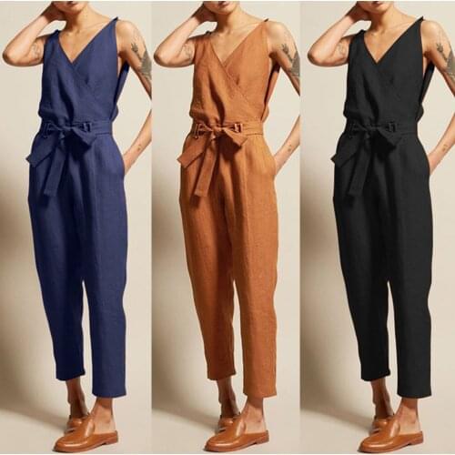 Women Overall Casual Rompers Sleeveless V-Neck Belt Slim Plus Size Jumpsuit Linen Long Playsuit Sexy Bodysuit mono mujer verano