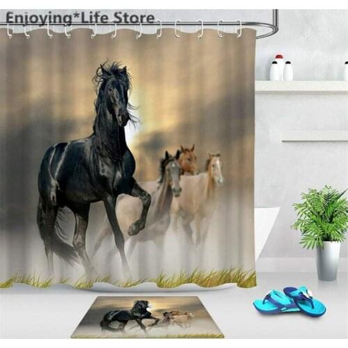 Sunset Scenic Shower Curtain Set Running Horse Shower Curtain Bathroom Bath Mat Rugs Waterproof Fabric with Mat 12 Hooks
