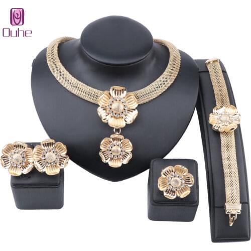 Luxury Nigerian Women Wedding Jewelry Sets Chunky Flower Necklace Earrings Bracelet Ring Bridal Crystal Jewelry Set
