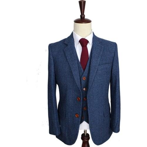 Men suits High Quality Notch Lapel Wool Blue Gentleman Style Custom Made Blazer Suits for Men 3 piece (Jacket+Pants+Vest)