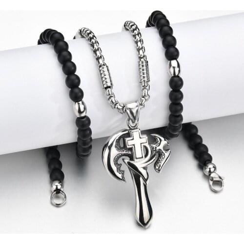 316L Stainless Steel Cross Sword Pendant Necklace Black Beads Chain Necklace Punk Rock Male Jewelry