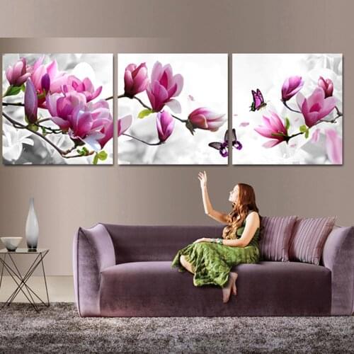 Full square round drill Triptych 5d diy diamond painting 3 Pieces Purple Pink Tulip Flower Butterflies mosaic embroidery WW192