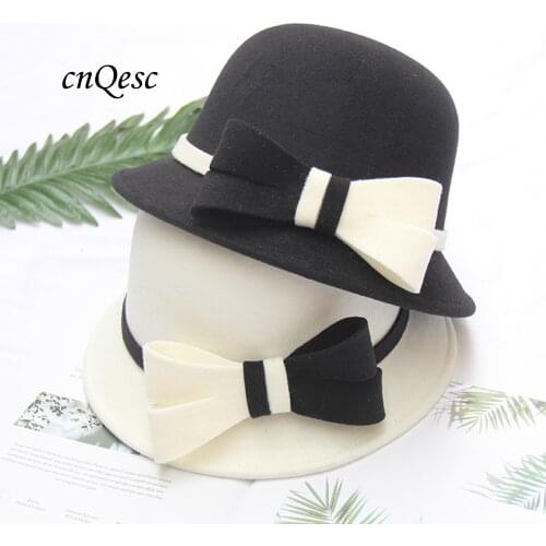 Simple White Wool felt hat Winter hat formal hat with bow for Wedding Church Derby