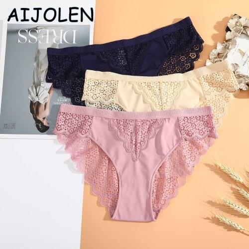 AIJOLEN Hollow Lace Briefs Solid Color Sexy Womens Panties Mid-waist Comfortable Large Size Underwear Cute Flower UNderpants
